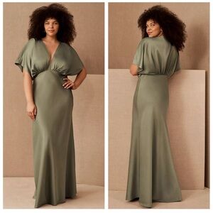 NWOT BHLDN Leila Deep-V Flutter-Sleeve Satin A-Line Gown Moss Green